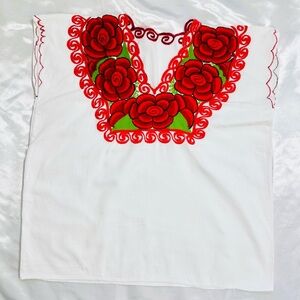 Mexican Blouse Embroidered Floral SZ M Red Cotton Roses Green Floral Pullover